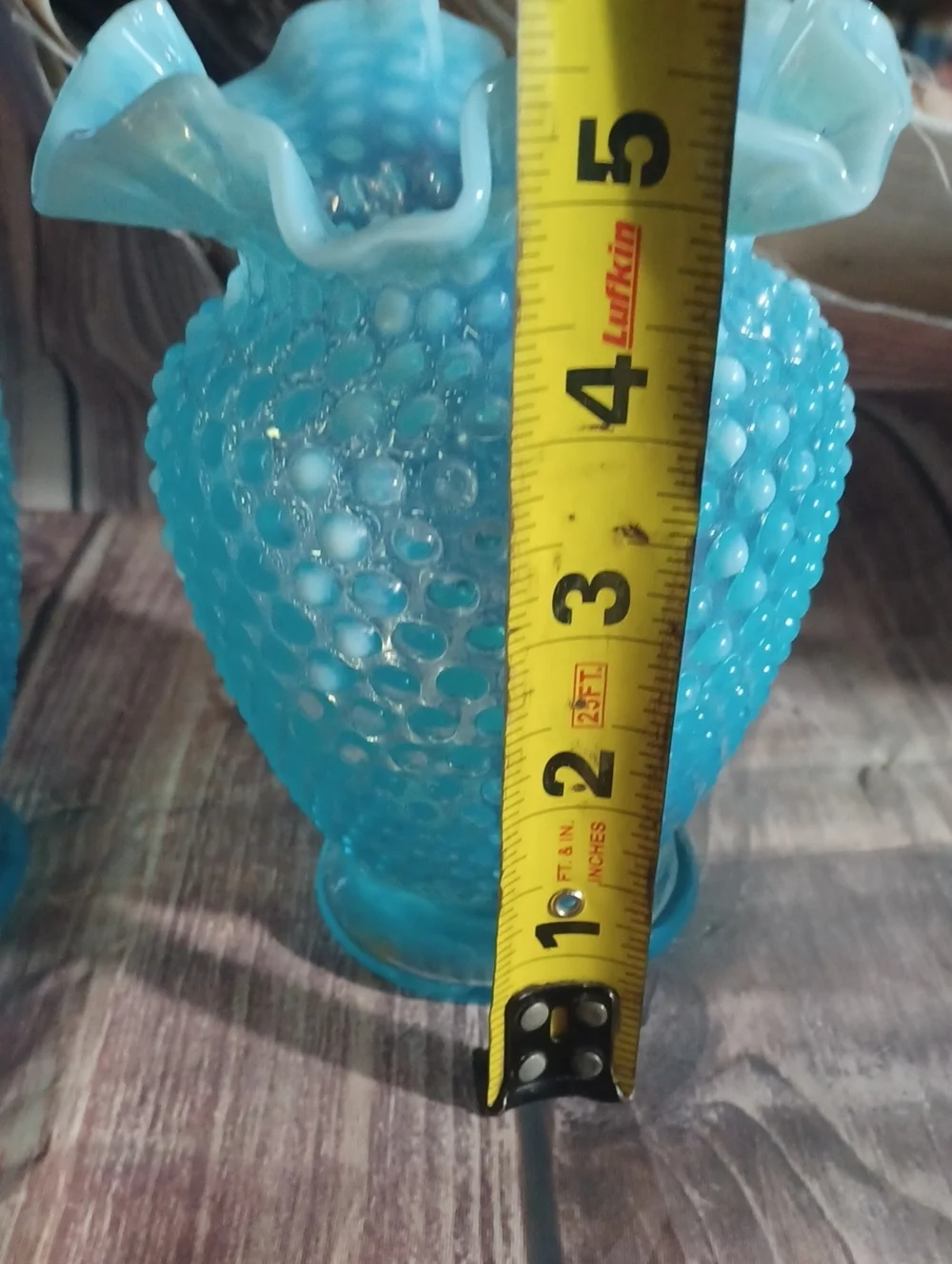 (2))Vintage Fenton Blue Hobnail Vase Crimp Ruffled Edges